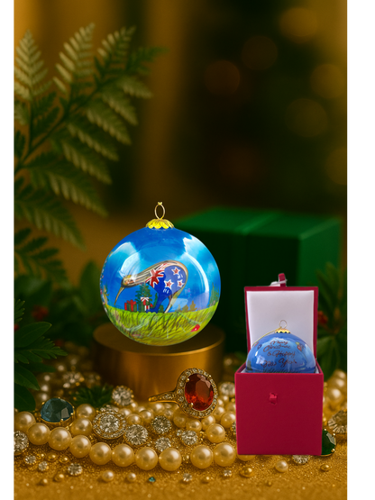 Inside-painted Kiwi Christmas bauble with NZ flag and “Merry Christmas & Happy New Year” message