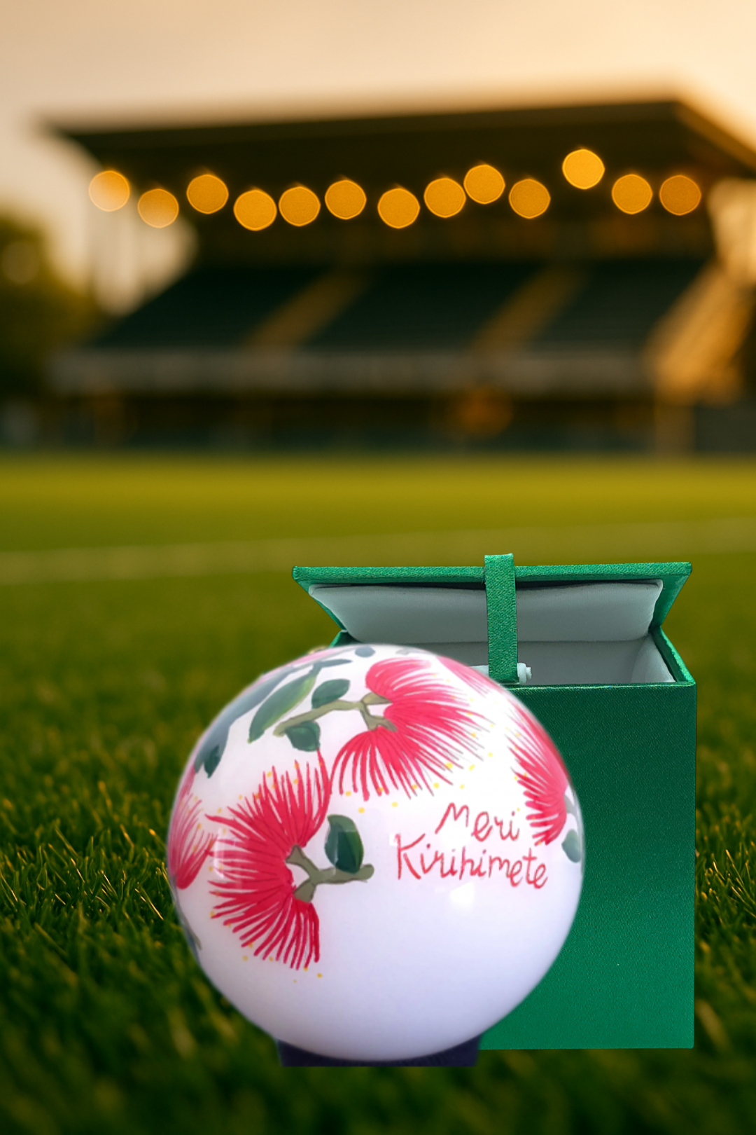 Premium Inside Hand-Painted Glass Bauble – Meri Kirihimete with Pōhutukawa