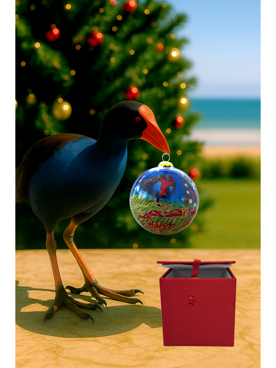 Premium Inside Hand-Painted Glass Bauble – Pūkeko, Happy Holidays & NZ Flag