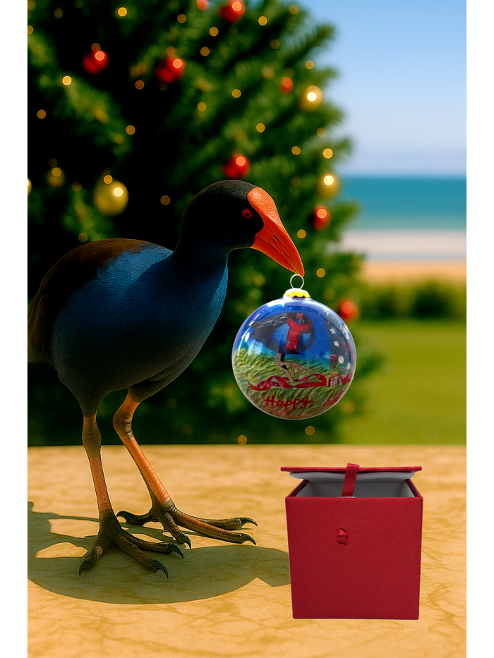 Premium Inside Hand-Painted Glass Bauble – Pūkeko, Happy Holidays & NZ Flag