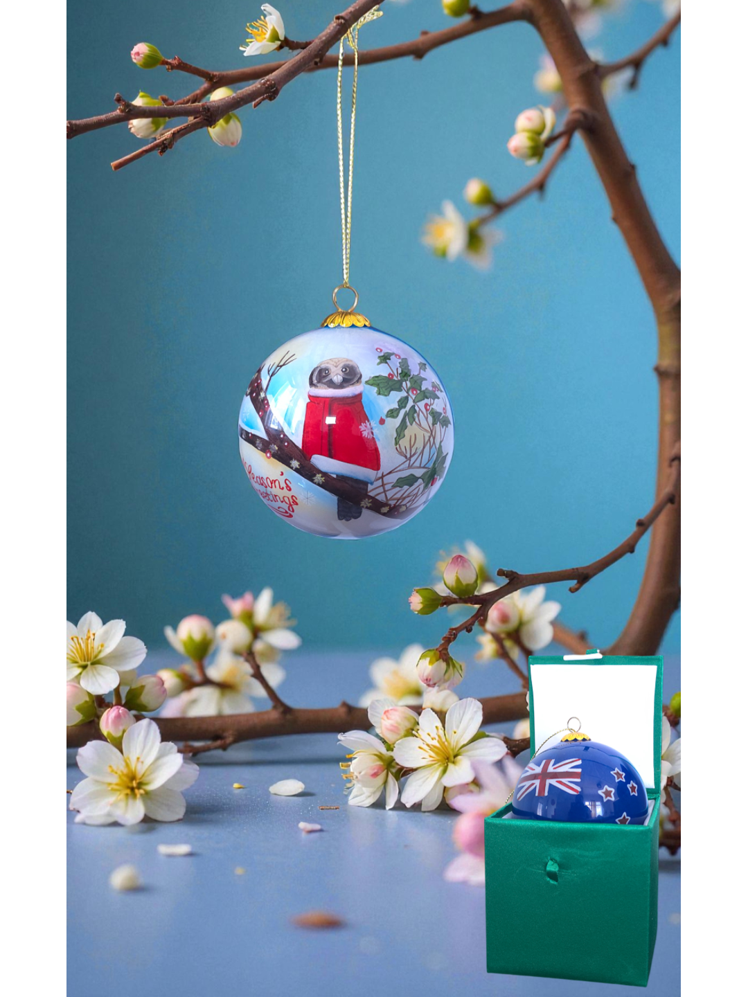Inside Painted Glass Bauble – NZ Owl in Santa Cloak (Season’s Greetings)