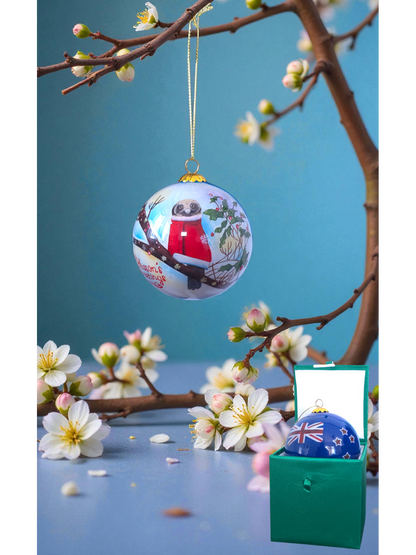 Inside Painted Glass Bauble – NZ Owl in Santa Cloak (Season’s Greetings)