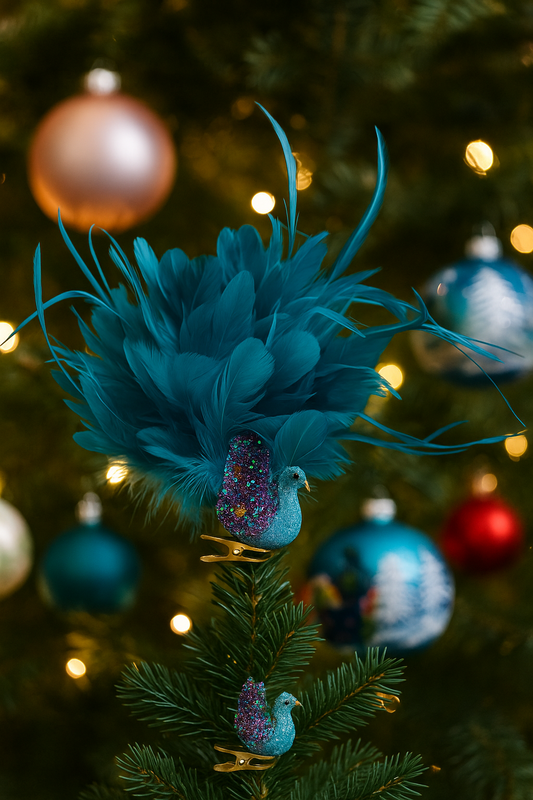 Blue glitter peacock ornament with large feather tail, 20cm.
