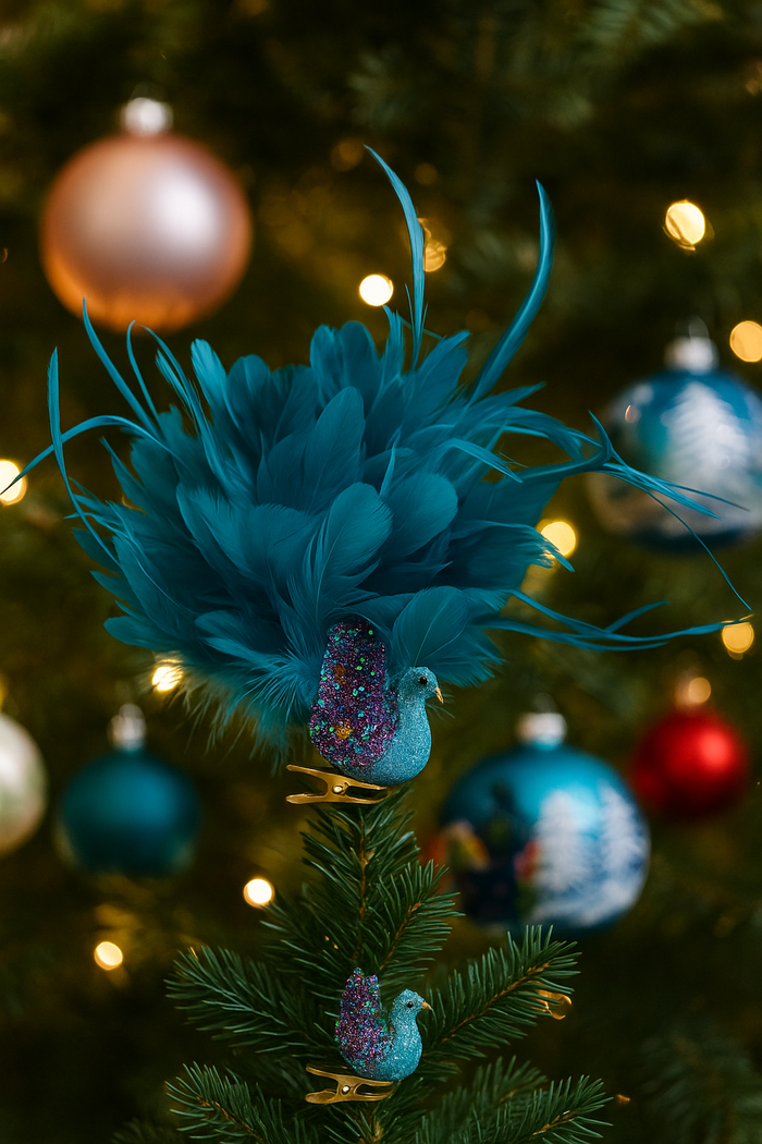 Blue glitter peacock ornament with large feather tail, 20cm.