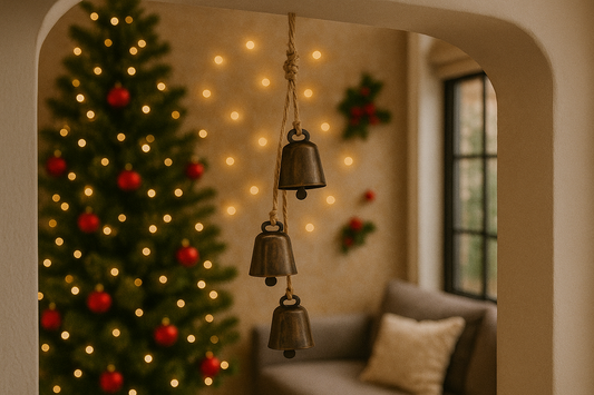 small round rustic iron bell trio on jute string (30 cm)