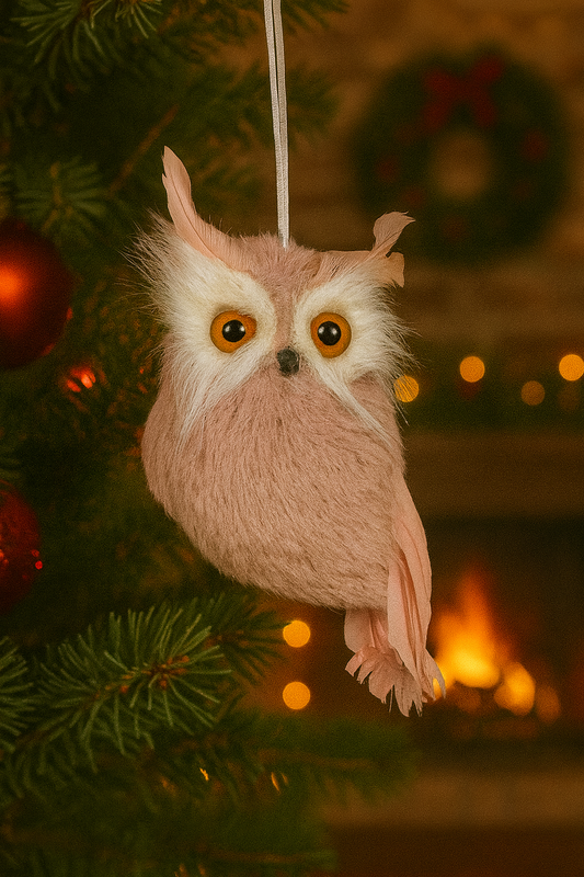 Pink owl feather Christmas tree ornament
