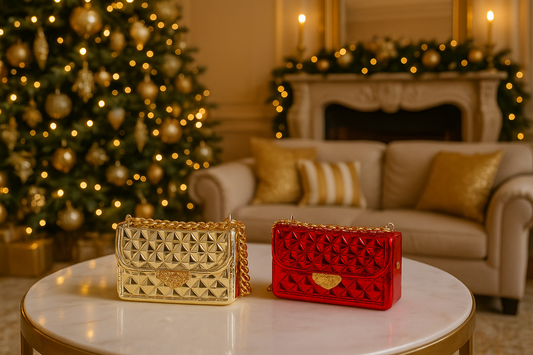 Set of 2 handbag ornaments – red and golden with chain handles
