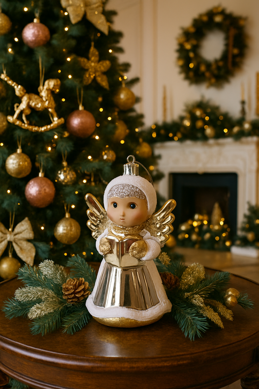 Gold angel Christmas ornament with silver glitter accents, 11.5cm