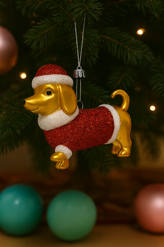Gold dachshund dog Christmas ornament in Santa outfit, 11.5cm