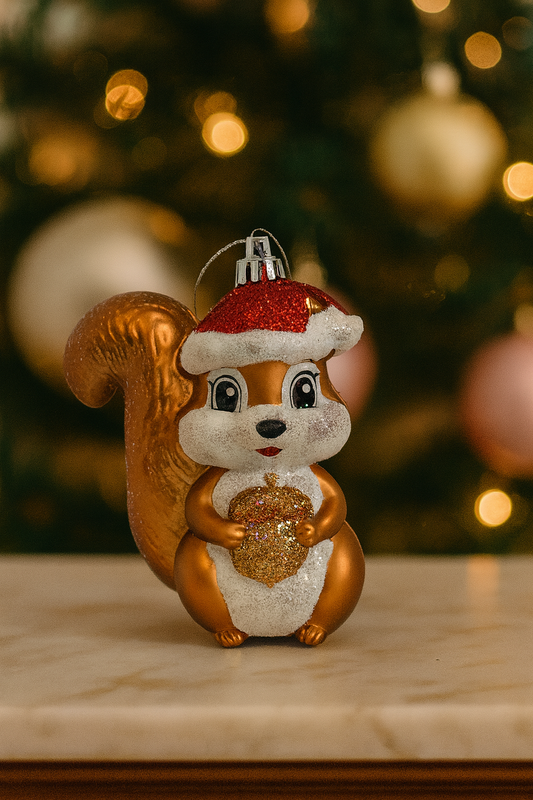 Gold squirrel Christmas ornament with Santa hat & acorn, 11cm