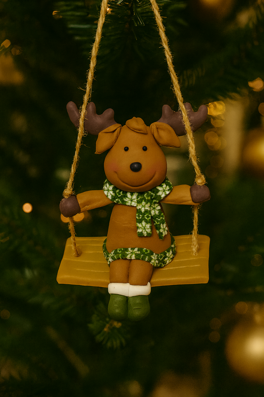 Claydough Reindeer on Swing Ornament – Brown with Green Scarf