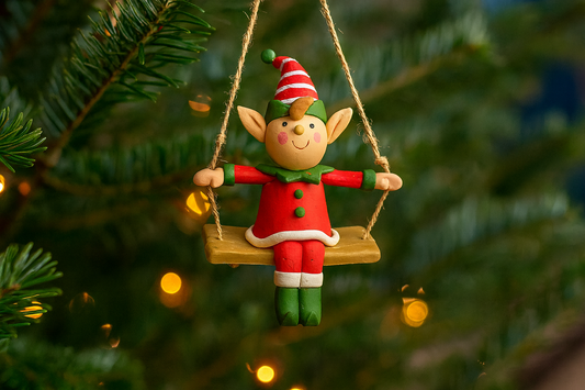 Claydough Boy Elf on Swing Ornament – Red and Green
