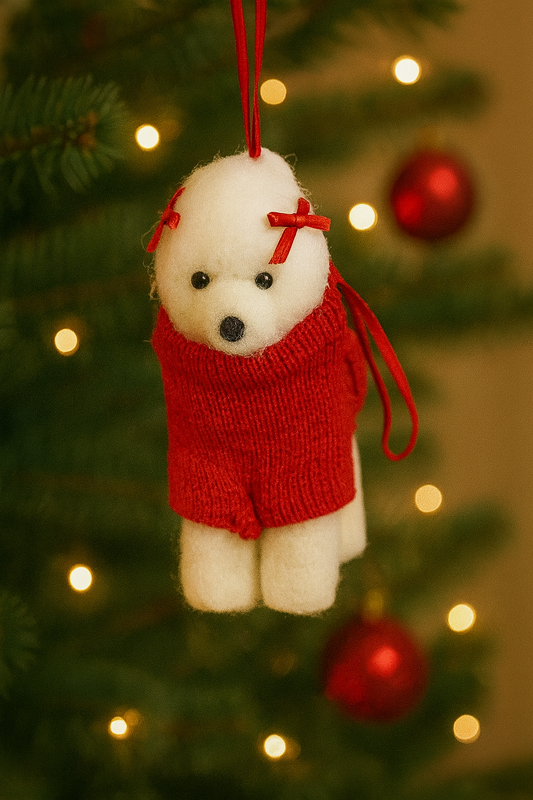 Wool Felt Dog Ornament with Red Sweater