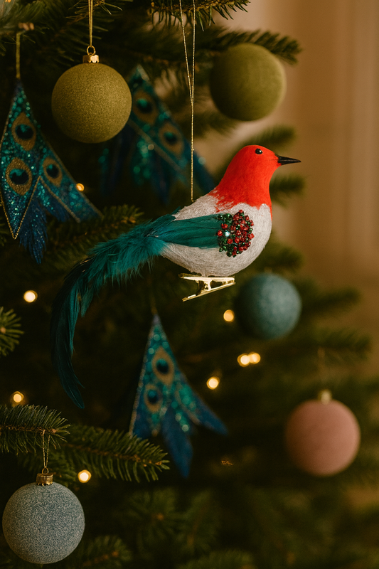 Red and green feathered bird clip ornament