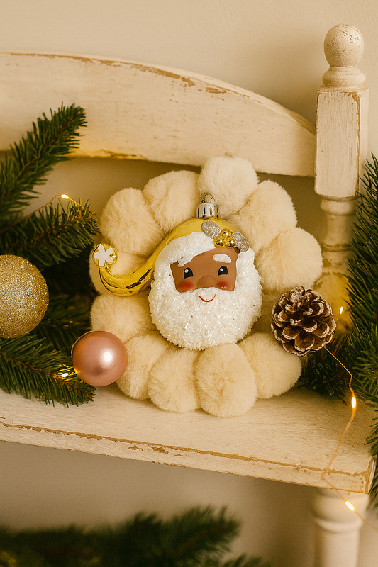 Santa face Christmas ornament with gold hat & glitter beard, 11cm