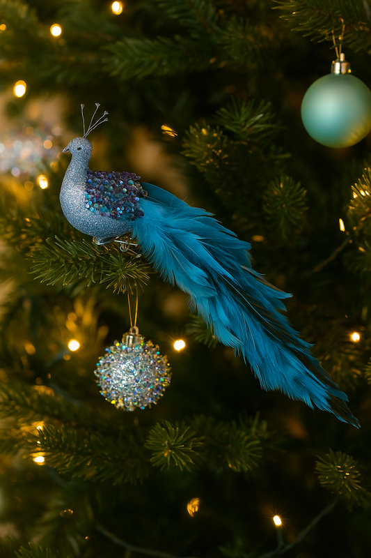 Blue glitter peacock ornament with feathers and clip, 18cm.