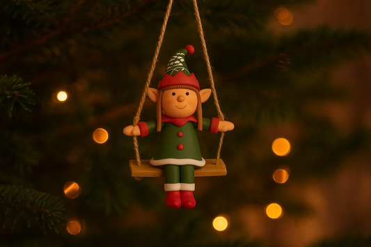 Claydough Girl Elf on Swing Ornament – Green and Red