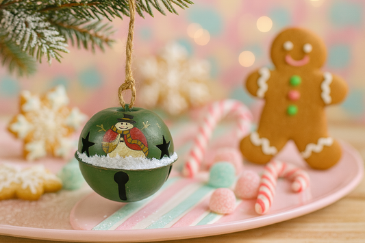 Green snowman jingle bell ornament