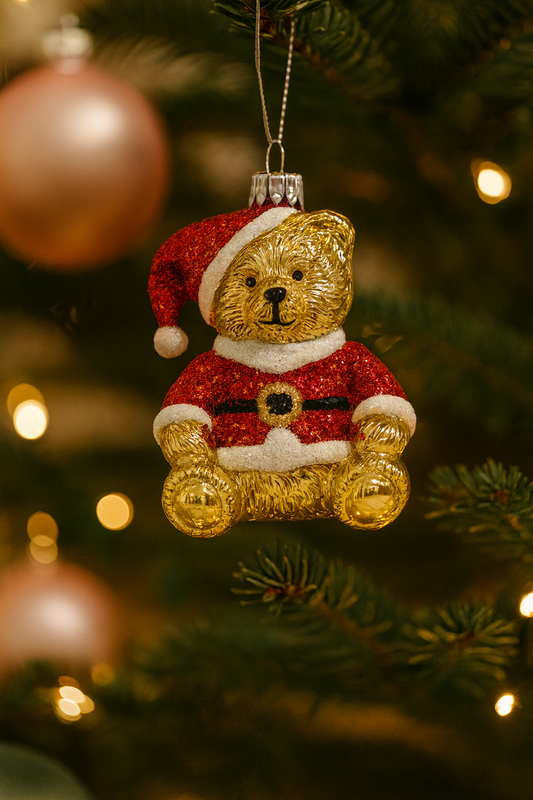 Gold teddy bear Christmas ornament in red Santa suit, 10.5cm