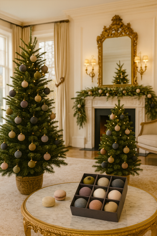 Set of 9 velvet Christmas baubles in assorted colours