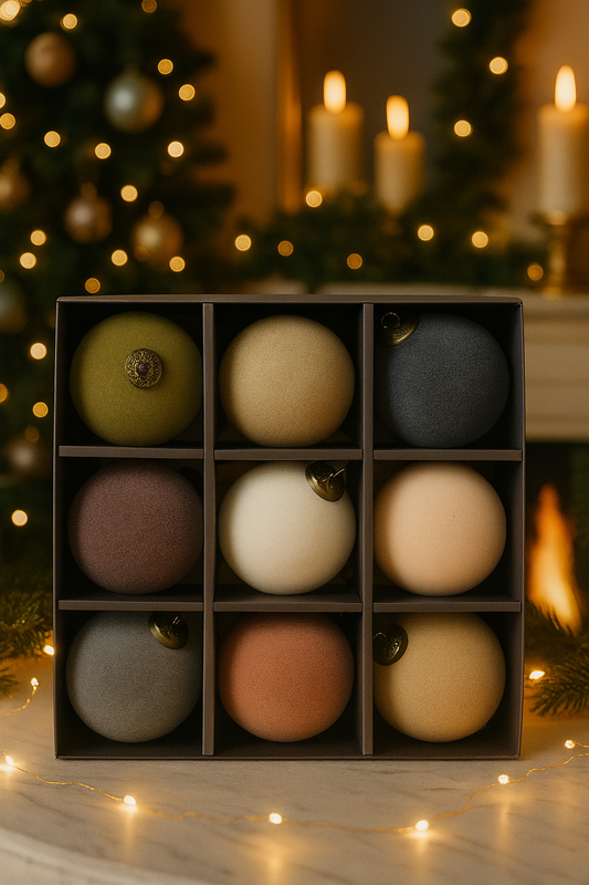Set of 9 velvet Christmas baubles in assorted colours