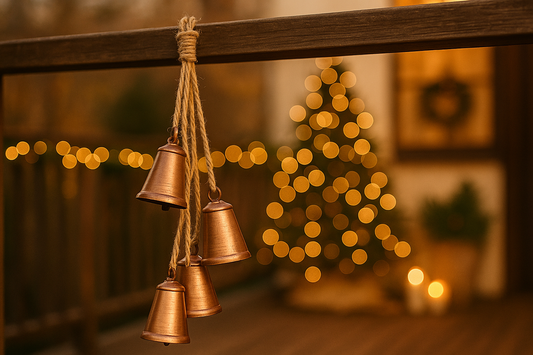 Bronze bells hanging on a wooden railing with jute strings 